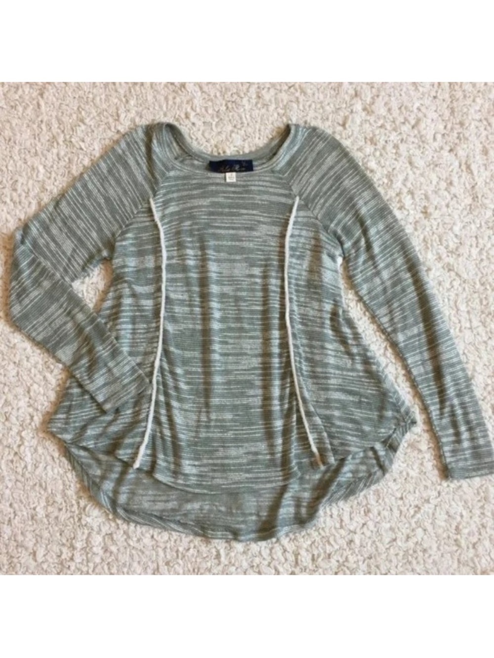 Blue Rain Sage Green and Cream Sheer Long Sleeve Top with Fringe Boho Relaxed S